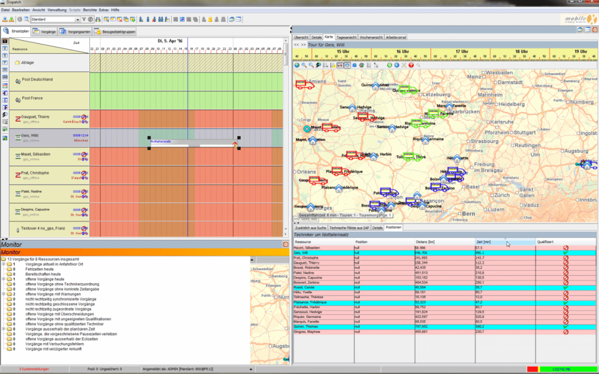 mobileX-Dispatch zeigt die Position der Servicetechniker in Echtzeit auf der Karte an.