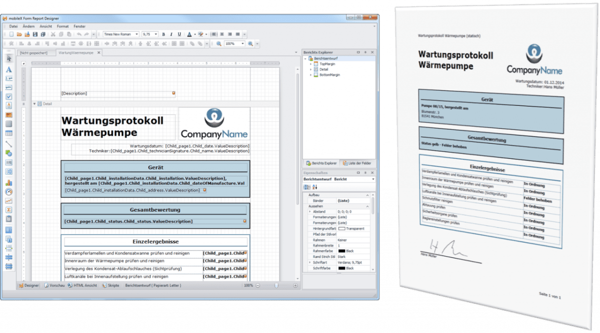 Report designer and output form as PDF